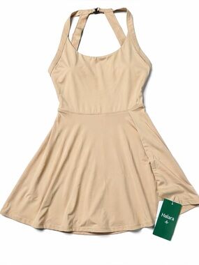Halara SoftlyZero Airy Backless Active Dress Beige Pocket Built-in Shorts